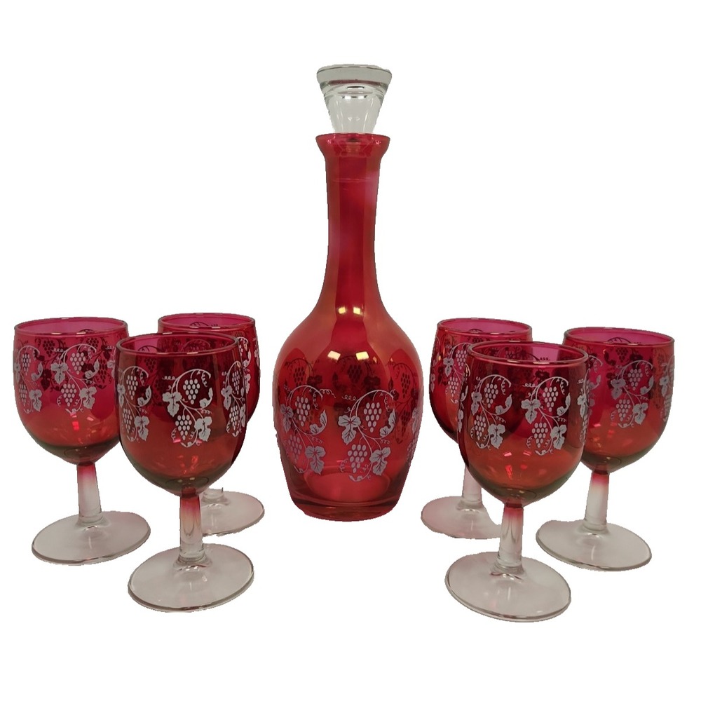 Vintage West Virginia Glass Cranberry Decanter 6 Wine Glasses White Grape Set